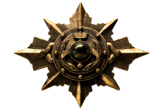 Military badge with a decorative star and central gemstone design