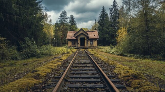 Abandoned train station surrounded by trees and a cloudy sky.