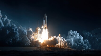 A powerful rocket launch pierces the night sky, leaving a trail of fiery exhaust and billowing clouds.