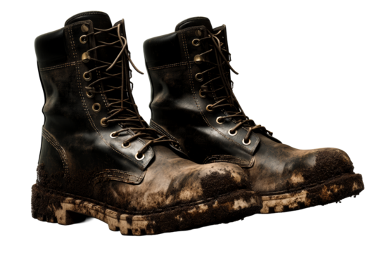 Heavy duty work boots with mud and dirt on a transparent background