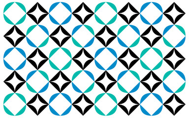 seamless geometric pattern with triangles. Modern Geometric Pattern: Alternating Rows of Teal/Blue Rounded Squares and Black Star Figures on a White Background. Abstract Geometric Design with Teal