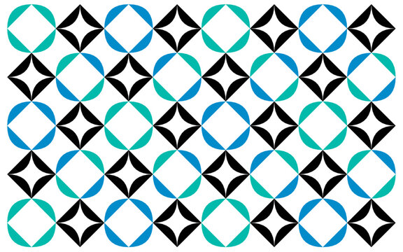 seamless geometric pattern with triangles. Modern Geometric Pattern: Alternating Rows of Teal/Blue Rounded Squares and Black Star Figures on a White Background. Abstract Geometric Design with Teal