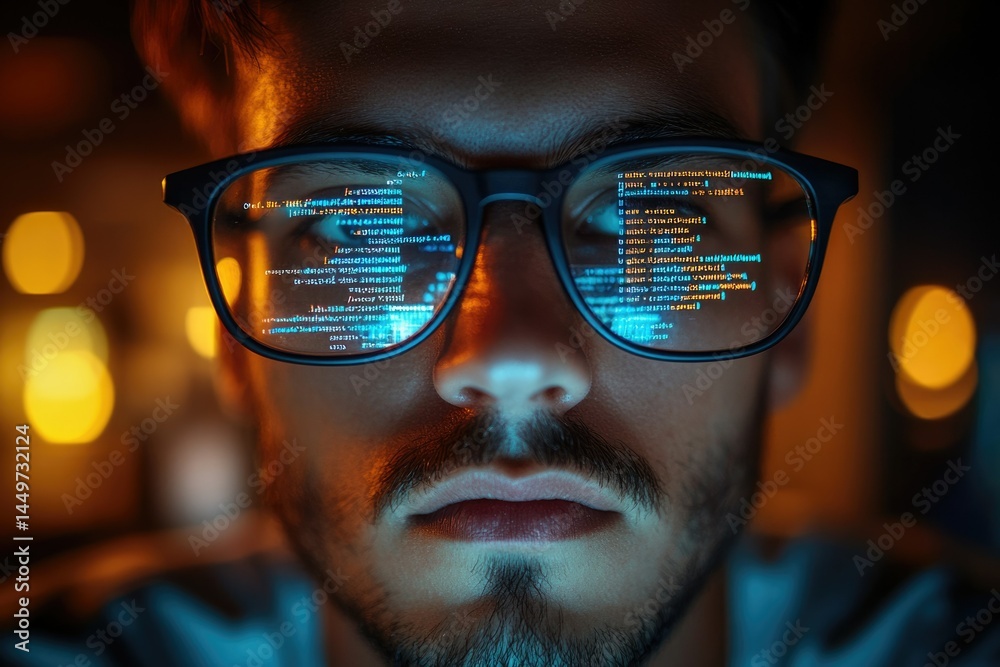 Fototapete A programmer's face is reflected with lines of code, showcasing dedication and late-night coding sessions.