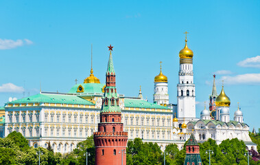 The Grand Kremlin Palace and churches of Moscow Kremlin. Sunny spring day.  Moscow. Russia