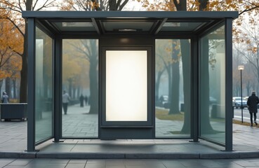 Fototapeta premium Empty poster in modern bus stop shelter. Urban street advertising signage display. Template frame with empty space for commercial media content. City architecture background with sidewalk, trees,