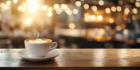 Fototapeta premium a cup of hot coffee on a saucer on a wooden table 