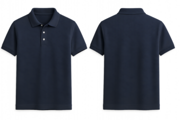 Classic navy blue polo shirt mockup showing front and back view of short sleeve cotton top with buttons and collar isolated on transparent background for apparel branding and design use