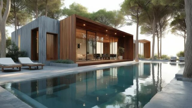 Luxury Oasis with Pool: A modern architectural marvel, featuring a sleek rectangular structure with floor-to-ceiling glass windows, seamlessly merging indoor and outdoor living.