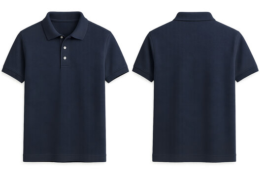 Classic navy blue polo shirt mockup showing front and back view of short sleeve cotton top with buttons and collar isolated on transparent background for apparel branding and design use