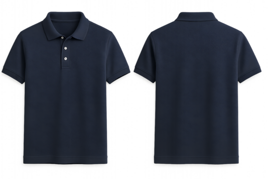 Classic navy blue polo shirt mockup showing front and back view of short sleeve cotton top with buttons and collar isolated on transparent background for apparel branding and design use