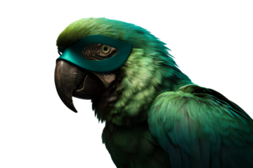 A vibrant green parrot with detailed feathers displays a stylish mask
