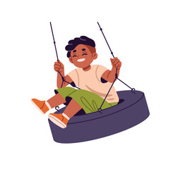 Happy black kid laughing, rides on tire swings. Cute kid sits, has fun on hanging on rope rubber tyre on playground. Funny child plays outdoors. Flat isolated vector illustration on white background