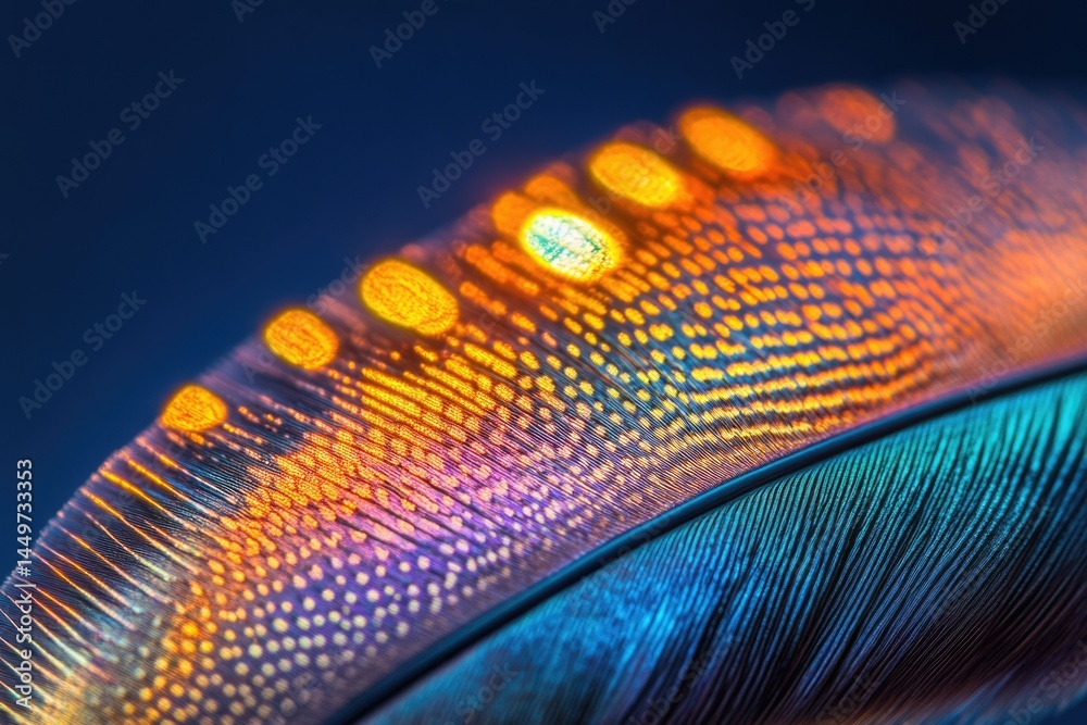 Poster close-up of a vibrant bird feather showcasing intricate details and iridescent colors.