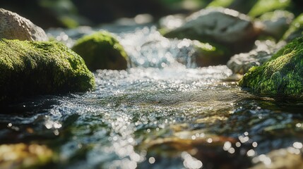 Fototapeta premium Sparkling stream in a mossy rock bed