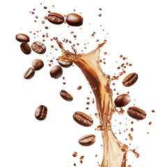 coffee beans falling into coffee splash isolated on white or transparent png