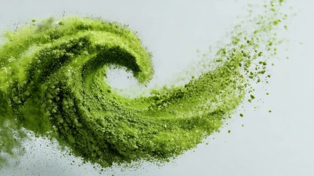 Matcha Powder Wave: An artistic capture of matcha powder in motion, forming a dynamic wave-like shape, evoking the essence of nature's freshness and the art of culinary elegance.