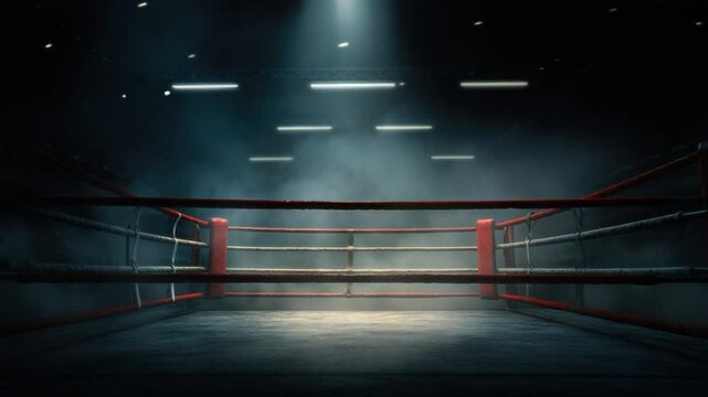 Boxing Ring: A dimly lit, professional boxing ring stands empty, ready for a clash of titans under a spotlight, with smoky air, intense atmosphere and the anticipation of the fight.