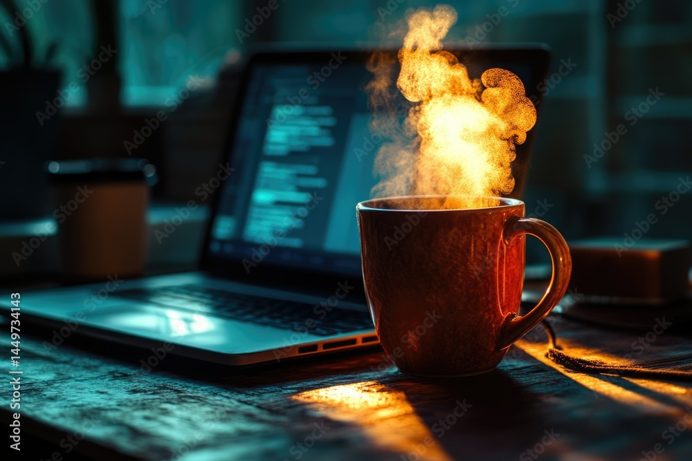 Poster A steaming mug of coffee sits on a wooden desk next to a laptop displaying code, creating a cozy coding atmosphere.