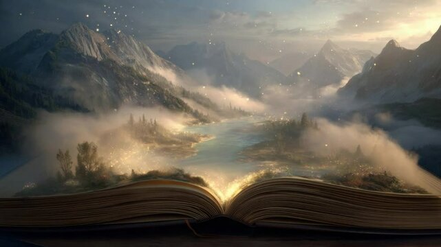 Open Book Unveiling Mystical Landscape: The pages of an open book unfurl, revealing a stunning fantasy landscape of towering mountains, flowing river, and a misty, otherworldly atmosphere.