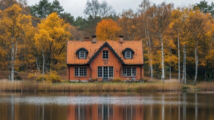 Fototapeta premium Rustic autumnal home by a serene lake
