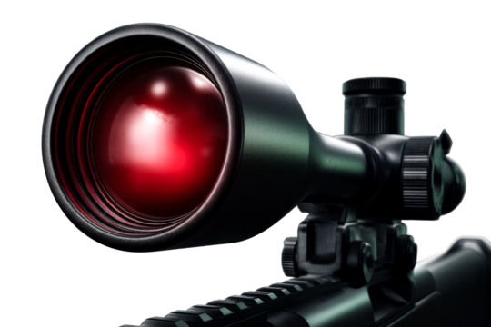Detailed view of a rifle scope with illuminated reticle - Powered by Adobe
