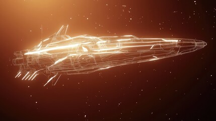 Digital wireframe of a futuristic space engine glowing in white lines over a dark red background