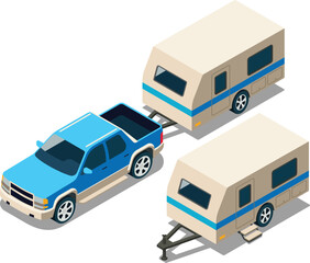 Isometric caravan trailer attached to pickup truck