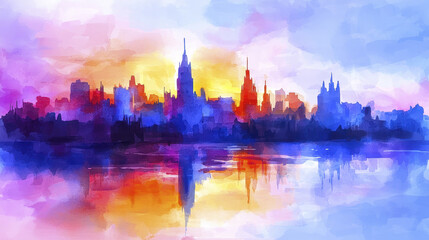 Obraz premium vibrant watercolor painting of city skyline at sunset, showcasing colorful hues of blue, purple, and orange reflecting on water