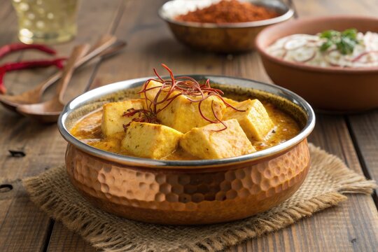 Delicious Hot Zafrani Paneer in a Copper Bowl Served Fresh Generative AI