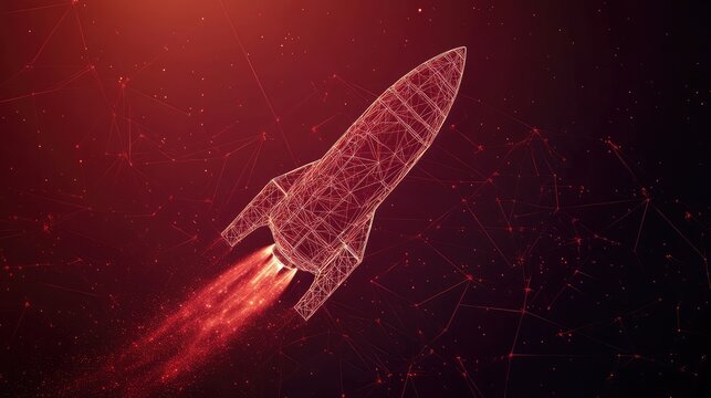 Glow-in-the-dark style wireframe of rocket propulsion unit over smooth red digital space