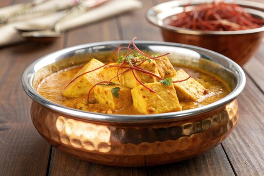Delicious Zafrani Paneer Served Hot in a Copper Bowl Generative AI