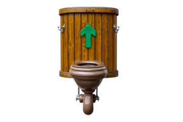 Unique toilet design featuring wooden barrel concept with arrow