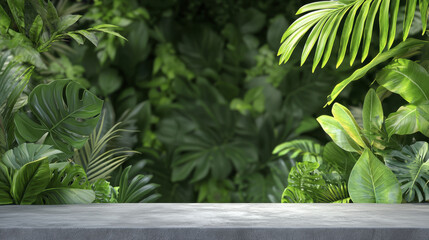 serene tropical backdrop featuring lush green foliage and textured stone surface, perfect for showcasing natural beauty