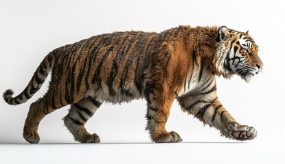 Fototapeta premium Majestic Tiger Walking, Side Profile, White Background