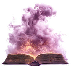 Ancient magic book with swirling multicolored smoke on transparent background 
