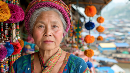 Fototapeta premium Vietnamese woman displaying traditional attire in a market