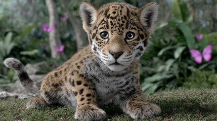 Obraz premium Adorable jaguar cub in lush jungle setting