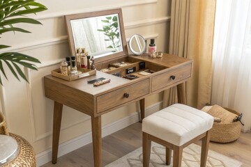 Elegant Dressing Table With Mirror and Stool in Bright Room Generative AI
