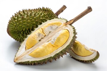 Fototapeta premium Durian Fruit Cut Open Showcasing Bright Yellow Flesh Generative AI