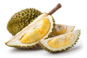 Fototapeta premium Durian Fruit Cut Open Showcasing Yellow Flesh and Texture Generative AI