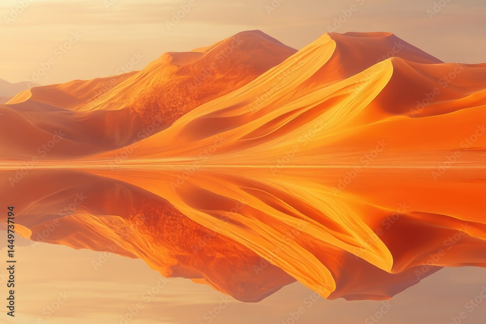 Aufkleber Golden desert dunes reflected in a calm lake at sunset, creating a surreal and symmetrical landscape.