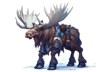 Pixel Art Moose in Ornate Armor on Snowy Background