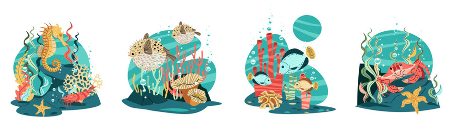 композициииMarine Life Flat Design Set Featuring Pufferfish, tropical fish, Seahorse and Crab on Coral Reef with Seaweed Isolated on White Background. Vector Illustration Collection for Ocean Co океан