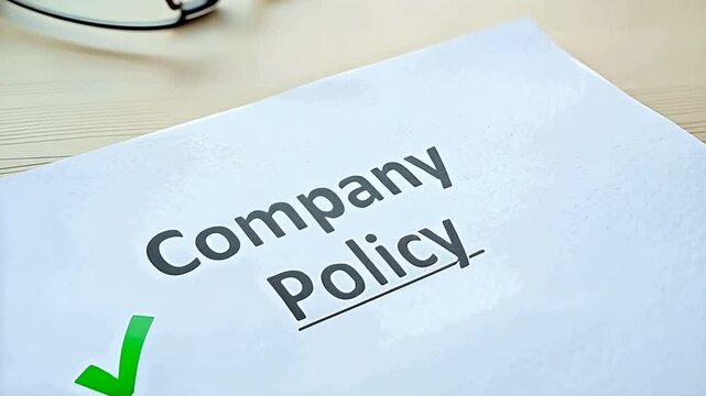 Company policy document with a green check mark on a white table