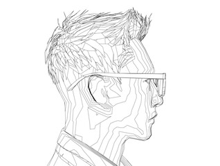 A man with glasses. The man is wearing a white shirt. Side view