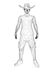 A man in a cowboy hat stands in front of a white background. The man is wearing a white shirt and khaki pants. The image has a moody and mysterious feel to it