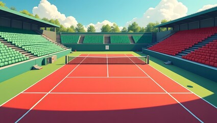  illustration of an empty outdoor tennis court with a red playing surface and green surrounding area