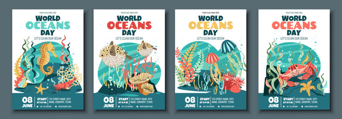 World Oceans Day Flyer Set Featuring Crab, jellyfish, Seahorse and Pufferfish on Coral Reef. Flat Design Vector Templates for Marine Conservation Events, Beach Cleanups and Ocean-Themed Parties