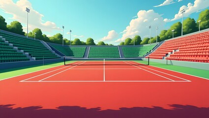  illustration of an empty outdoor tennis court with a red playing surface and green surrounding area