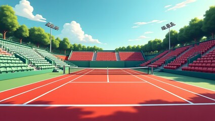  illustration of an empty outdoor tennis court with a red playing surface and green surrounding area